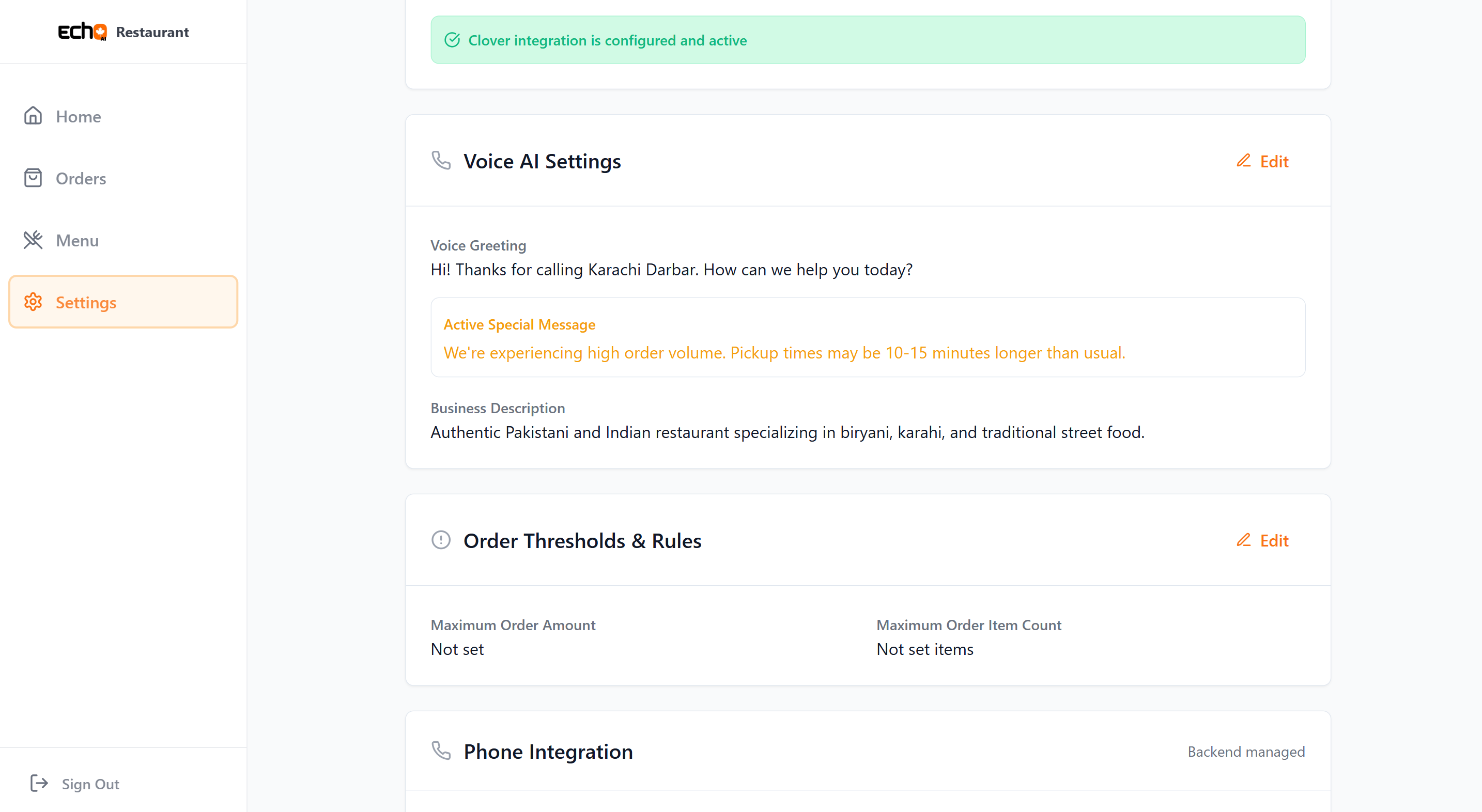 EchoAI Settings Dashboard - Configure your AI voice agent